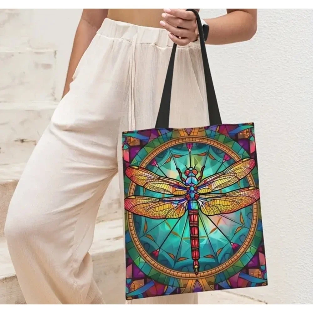 Dragonfly Tote Bag Stained‎ Glass Style Art Print Shoulder Bag Handbag Purse